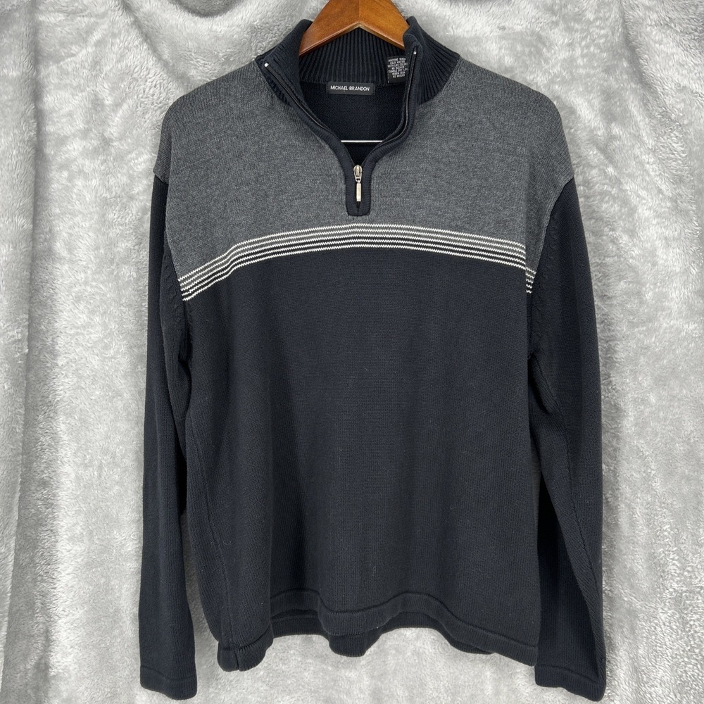 Michael Brandon Men's Black Gray Sweater Quarter Zip Heavy Knit Ribbed Size L